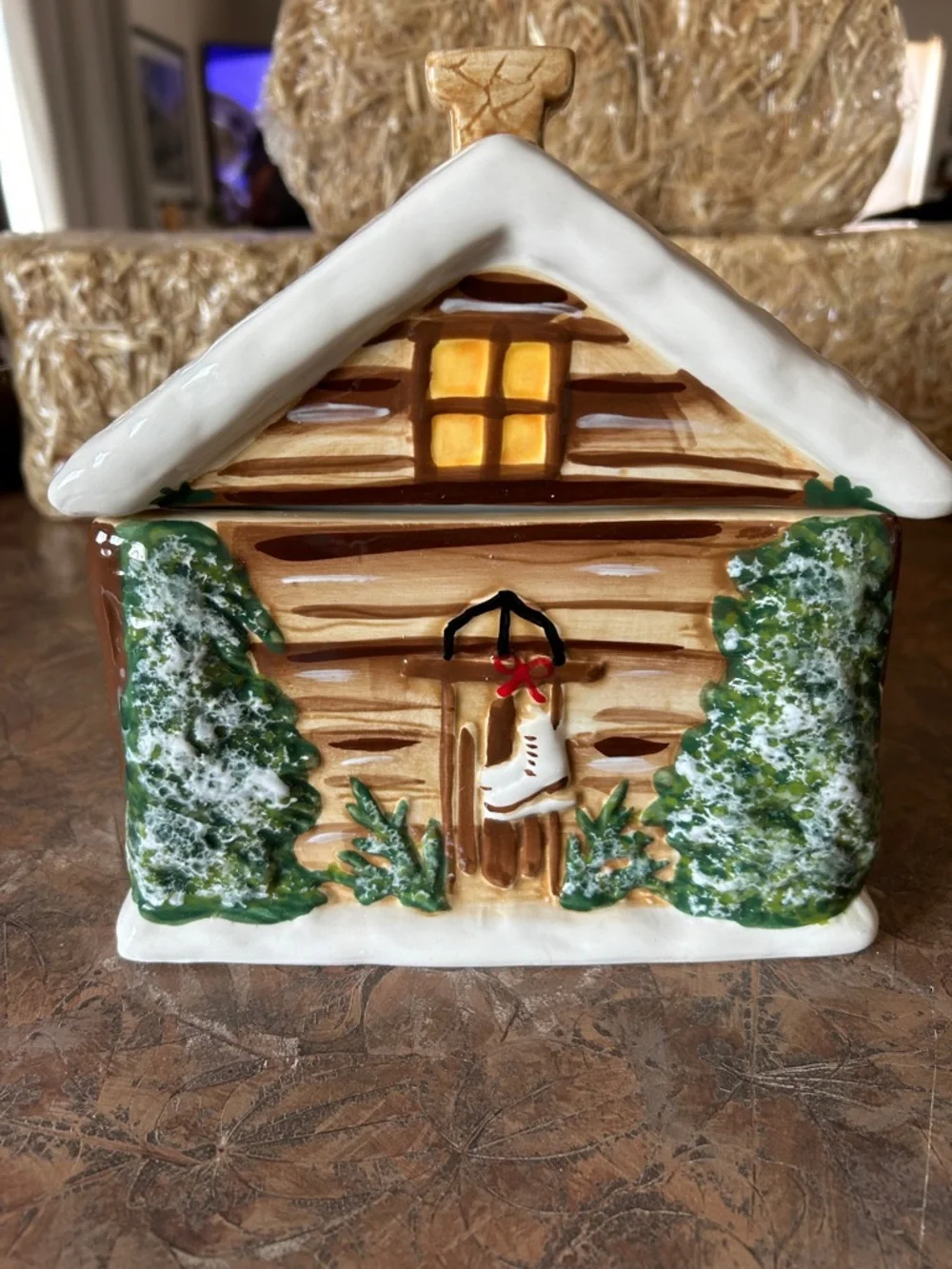 Hand Painted Sweet Log Cabin Home Ceramic Cookie Jar